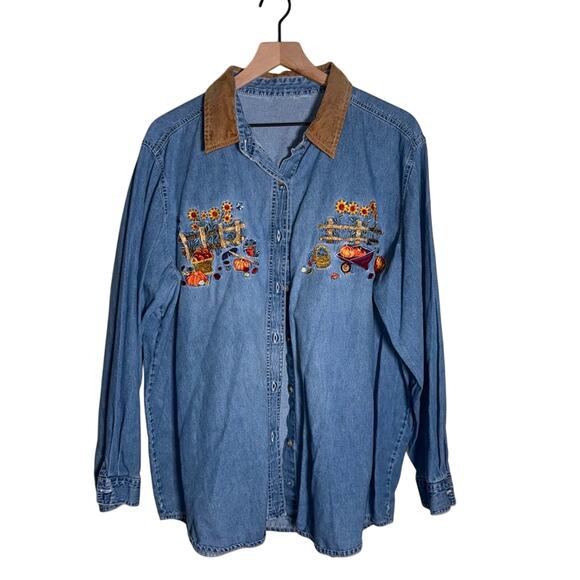 other Tops - VINTAGe Embroidered Denim Shirt with Fall Thanksgiving design w suede collar XL